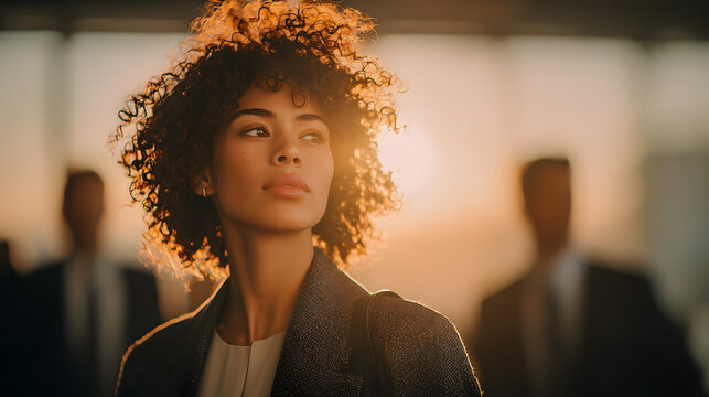 Ambition and Vision: A confident business woman stands tall, bathed in the warm glow of the setting sun. Her focused gaze suggests determination and foresight.