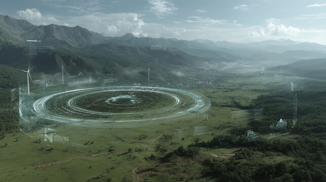 Aerial view of a green valley with a futuristic holographic environmental monitoring interface and wind turbines. Concept of climate analytics, sustainability and smart eco-technology