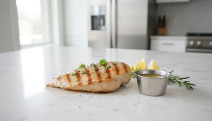 Juicy Grilled Chicken Breast Seasoned With Herbs and Pepper Served With Lemon Wedges And Dipping Sauce on a Marble Countertop in a Modern Kitchen