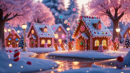 AI-generated image of a winter wonderland of Christmas spirits, where gingerbread houses and a river come to life