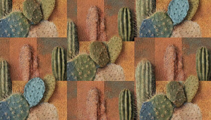 Desert Landscape Montage of Prickly Pear and Barrel Cacti in Warm Earth Tones Overhead View