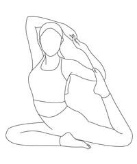 Minimalist line art of a woman doing a yoga stretch pose. Outline illustration for fitness, flexibility, pilates, mindfulness, and wellness content.