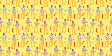 Yellow Christmas party pattern. People dancing and candy cane print. Women celebrating the holiday. Horizontal seasonal holiday wallpaper.