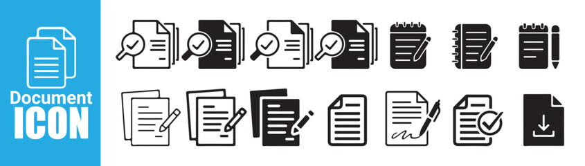 Document icon set with magnifying glass, notepad, and download symbols in black and white