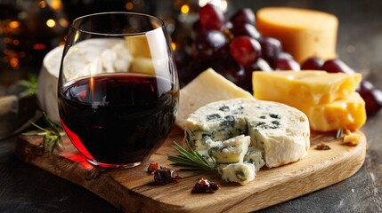 Close-up of assorted cheese and glass of red wine on wooden board with grapes
