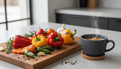 Colorful Bell Peppers And Jalapenos With Garlic And Herbs On A Wooden Cutting Board Next To A Steaming Mug Of Coffee On A Kitchen Countertop