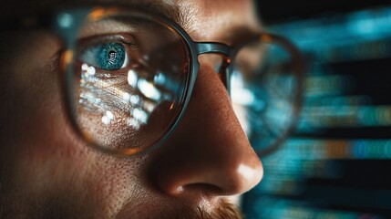 Close-up of focused man wearing glasses reflecting computer code in dark room