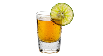 Shot Glass of Amber Liquid with Lime Slice alcohol