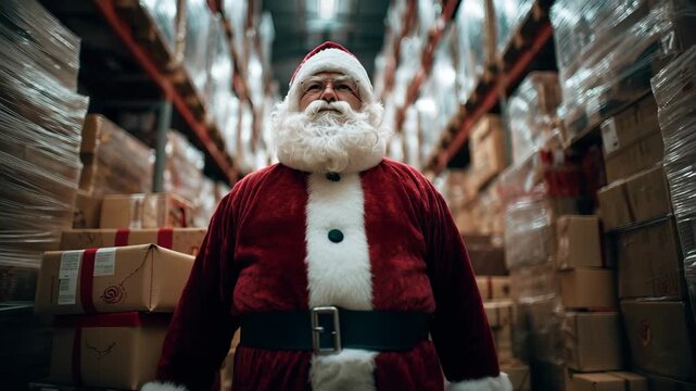 Santa Claus confidently stands with crossed arms in a warehouse filled with holiday gifts and decorations as preparations for the festive season take place