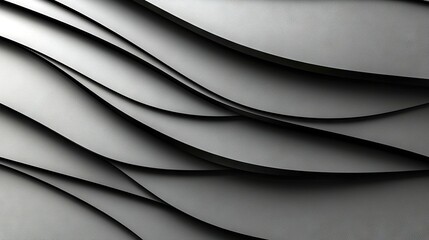 A close-up, abstract view of overlapping, curved surfaces in shades of grey, creating a dynamic, wave-like pattern with dramatic lighting.