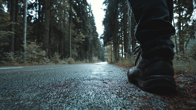 Close-up of Leather Boots Walking on Wet Forest Path with Trees
