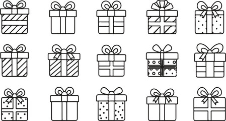 Collection of 15 Festive Gift Boxes icons with Ribbons, Perfect for Celebration and Holiday Packaging Graphics