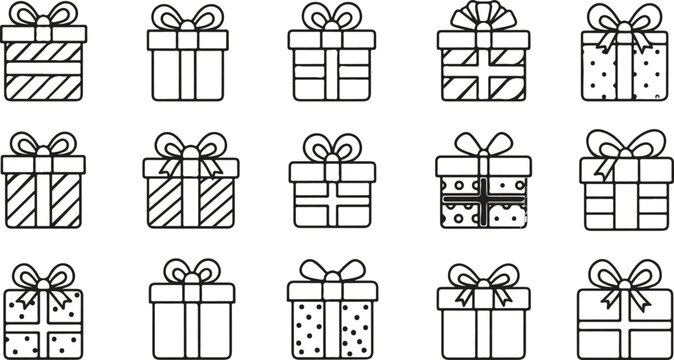 Collection of 15 Festive Gift Boxes icons with Ribbons, Perfect for Celebration and Holiday Packaging Graphics