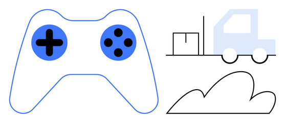 Game controller with buttons, delivery truck carrying a package, and cloud outline. Ideal for gaming, logistics, technology, connectivity, innovation entertainment teamwork. Simple flat metaphor