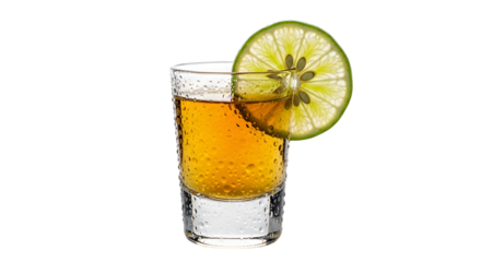 Shot Glass of Amber Liquid with Lime Slice on Black Background