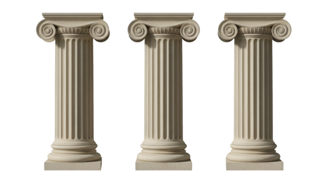 Three Ancient Greek Ionic Columns on Black Background