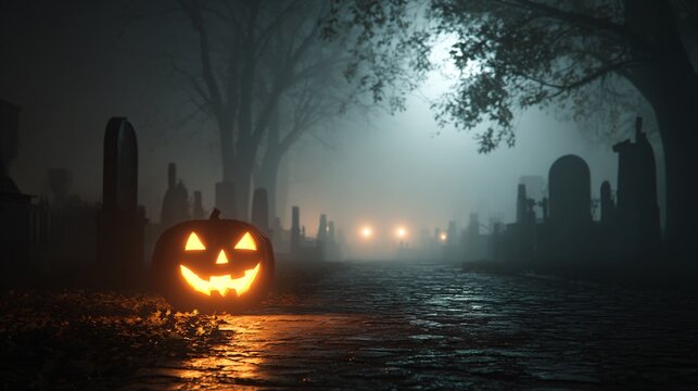 Spooky Halloween Graveyard at Night with Glowing Jack-o'-Lantern