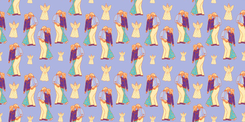 Blue Christmas party pattern. People dancing and angels print with Christmas tree ornaments. A man and woman celebrate the holiday together. Horizontal seasonal holiday wallpaper.