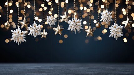 Soft golden leaves and stars dance across a deep blue backdrop, bringing a touch of elegance and charm to seasonal events and decor