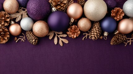 Obraz premium An arrangement of holiday ornaments and pinecones sits on a blue fabric, illuminated by soft lights that create a festive atmosphere