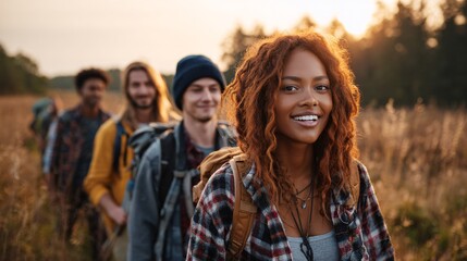 Happy diverse group of young adults hiking outdoors at sunset