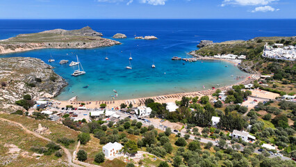 Aerial drone photo of paradise organized main beach of Lindos with amazing turquoise waters, Rhodes island, Dodecanese, Greece
