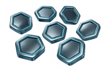 Hexagonal sci-fi game buttons with glowing blue outlines, futuristic metallic user interface assets, transparent background