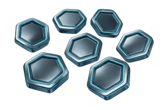Hexagonal sci-fi game buttons with glowing blue outlines, futuristic metallic user interface assets, transparent background - Powered by Adobe