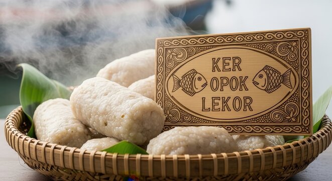 Chewy Bruneian Keropok Lekor &ndash; Steaming Fish Sausage with Sago in Woven Basket, Hand-Carved Bamboo 'KER OPOK LEKOR' Plaque, Fish Silhouette & Sago Swirl Motifs