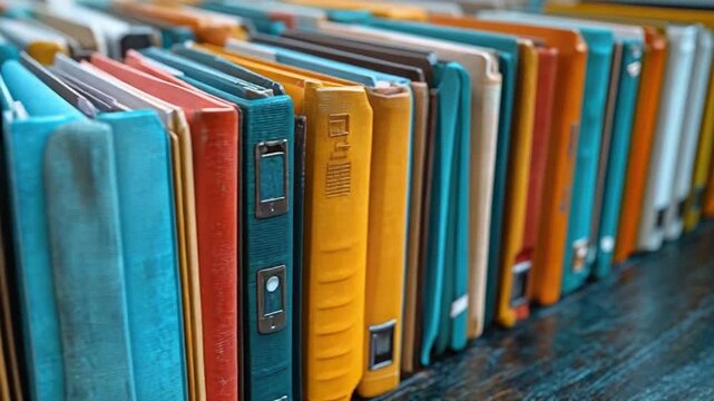 A stack of office folders sits on a wooden table, ready for use