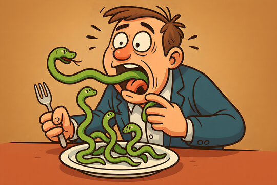 The expression "To swallow snakes". A scene in a cartoonish and humorous style.
