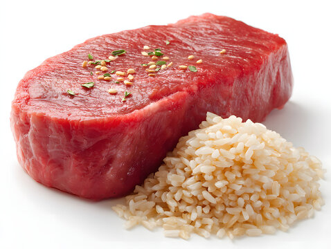 Tempting Steak and Rice: A close-up view presents a juicy, uncooked steak artfully presented alongside a portion of fluffy rice, a visual invitation to culinary delights.