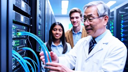 IT professional explaining blue cables in server room to team members, data center - Powered by Adobe