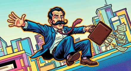 Businessman running with briefcase and money in urban environment, comic-like caricature      