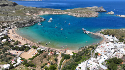 Fototapeta premium Aerial drone photo of paradise organized main beach of Lindos with amazing turquoise waters, Rhodes island, Dodecanese, Greece