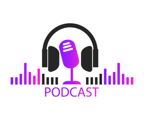 Podcast. Studio microphone with headphones and audio wave. Webcast audio record. Concept webinar, online training, radio show or audio blog.