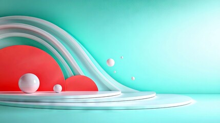 A minimalist abstract scene featuring layered platforms, smooth curves, and spherical elements in coral and white against a soft turquoise backdrop.