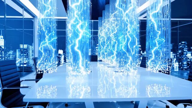 Futuristic conference room with data visualization, cityscape background, and abstract blue energy - Powered by Adobe