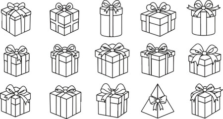 A Variety of Wrapped Gift Boxes Icons with Ribbons, Presented as a Collection of Line Drawings