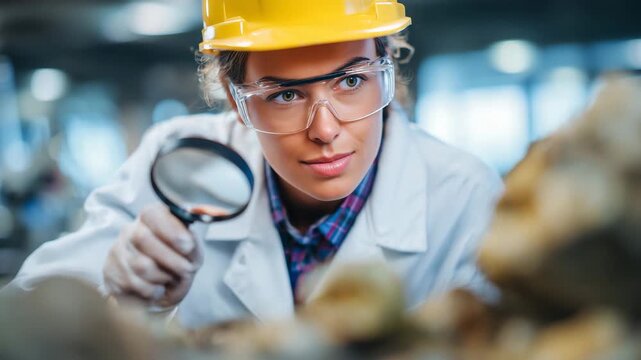 34Miner examining rock sample under magnifying glass, focused expression, laboratory and analysis tools visible in background