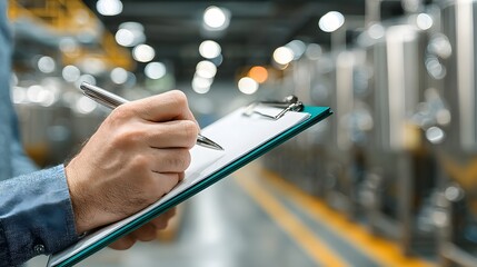 An engineer in a production facility makes entries in a journal. 