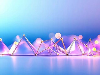 An abstract geometric network structure with golden nodes and translucent triangular planes, set against a soft blue and pink bokeh background.
