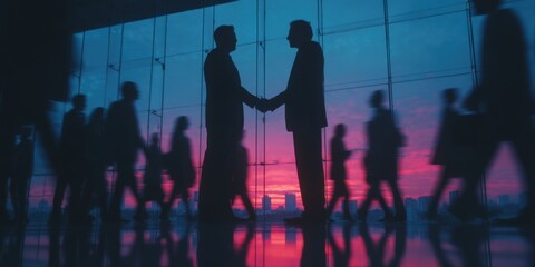 Abstract Business Collaboration Concept — Silhouettes of People Shaking Hands in Modern Office with City Skyline at Sunset