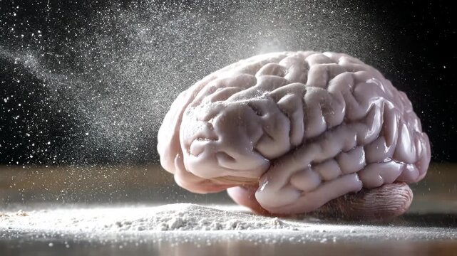 Creative art display shows brain sculpture exploding with flour in an artistic arrangement using dramatic lighting and focus effects