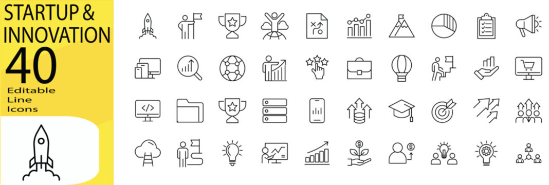 Startup and innovation icon set in flat style. Includes business growth, funding, strategy, teamwork, productivity, and more. Perfect for presentations and UI UX design. Editable Stroke. Vector Illust
