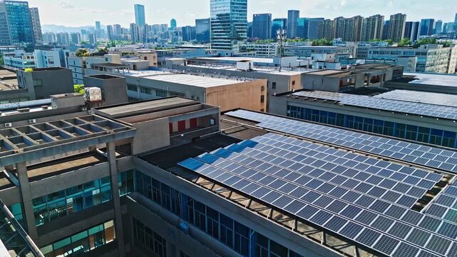 Urban Rooftop Solar Panel Installation with City Skyline
