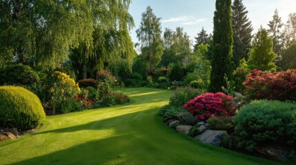 Fototapeta premium Beautifully landscaped residential garden in bright morning sunlight