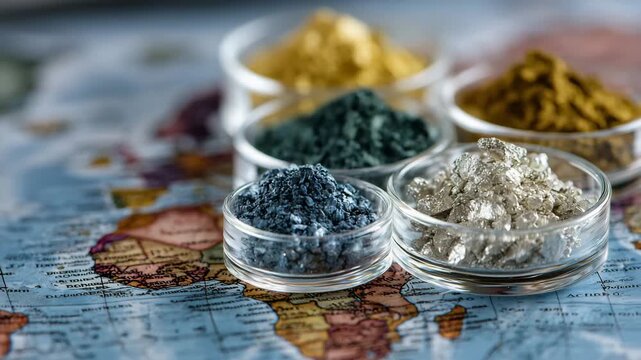 74Rare earth powder samples in petri dishes placed on global map print, concept of export control, global dependency, and industrial dominance