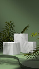 Marble podium display with palm leaves in green room .3D rendering image with clipping path.