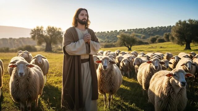 A shepherd in traditional clothing tending to a flock of sheep in a lush green field during sunset